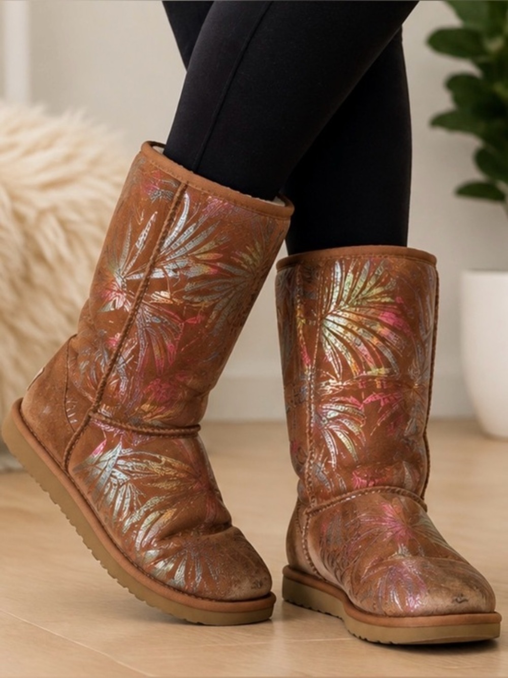 UGG Classic Tall Brown Suede Boots Size 6 Rainbow Foil Floral Print Shearling